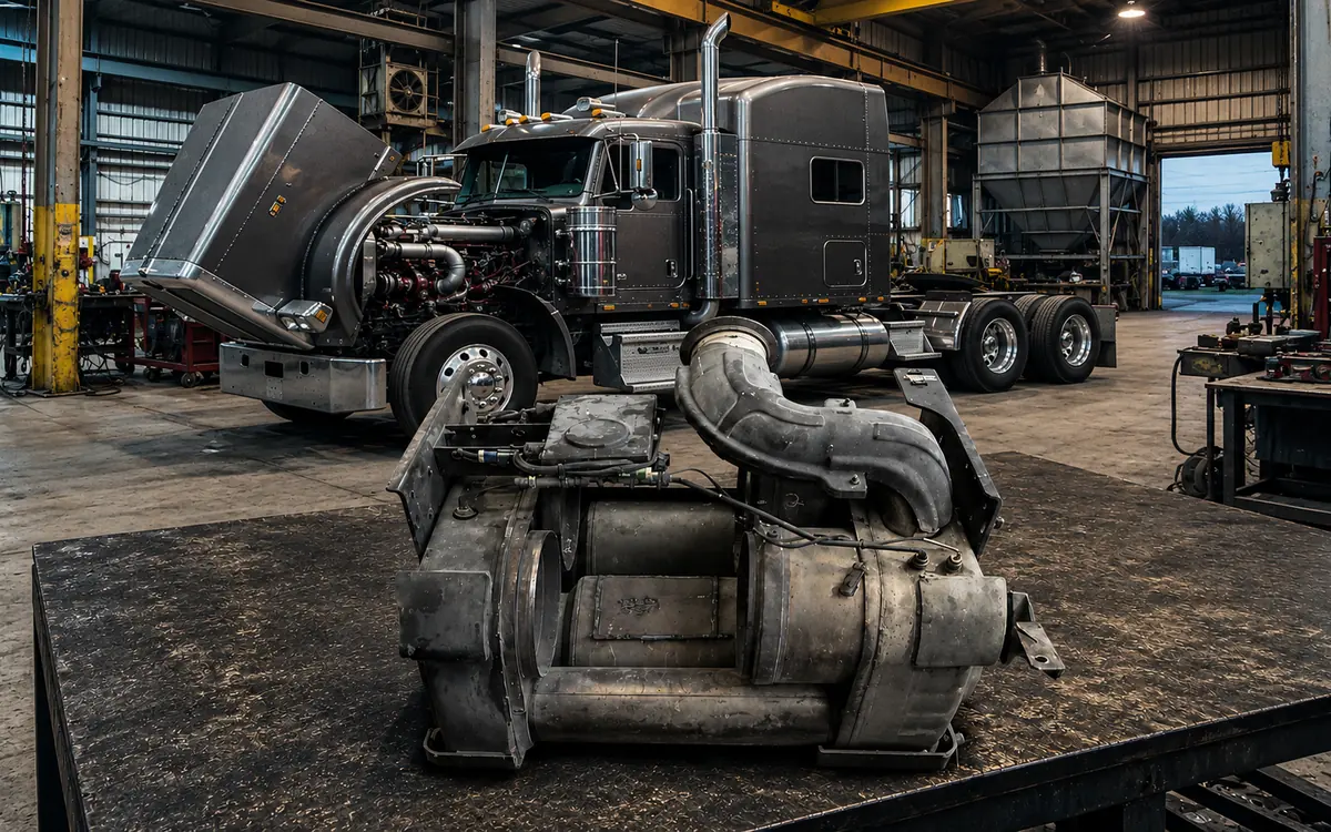 Diesel exhaust aftertreatment components — DPF canister, DOC housing, and exhaust piping — removed and laid out on the shop bench in front of a semi with its hood tilted forward