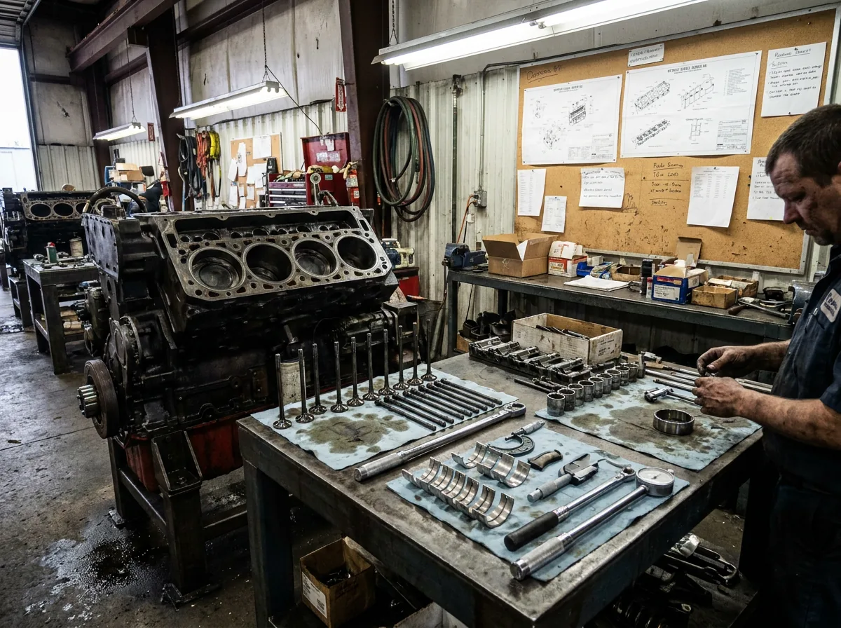 Diesel engine block stripped for overhaul with measured components laid out on the bench