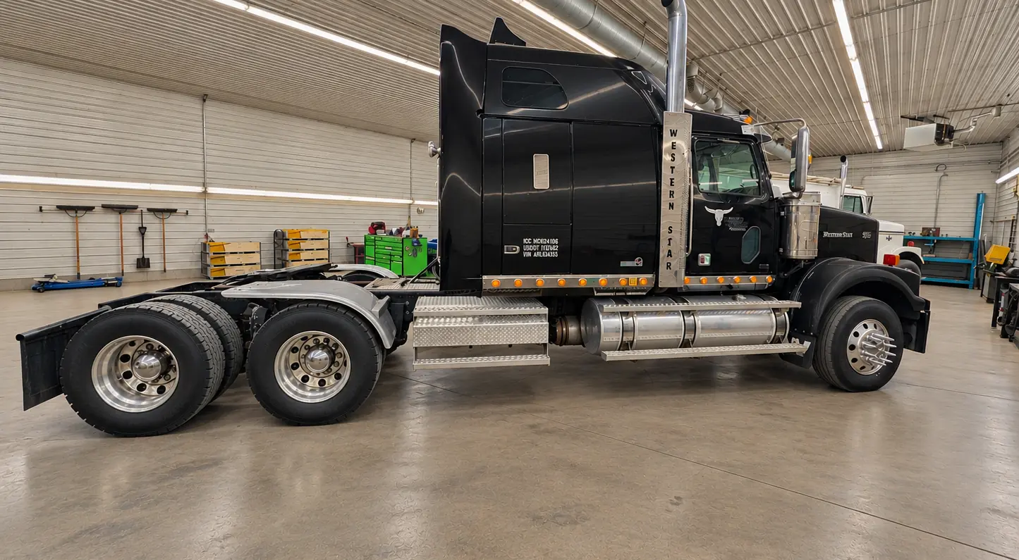 Black Western Star tractor parked inside the shop