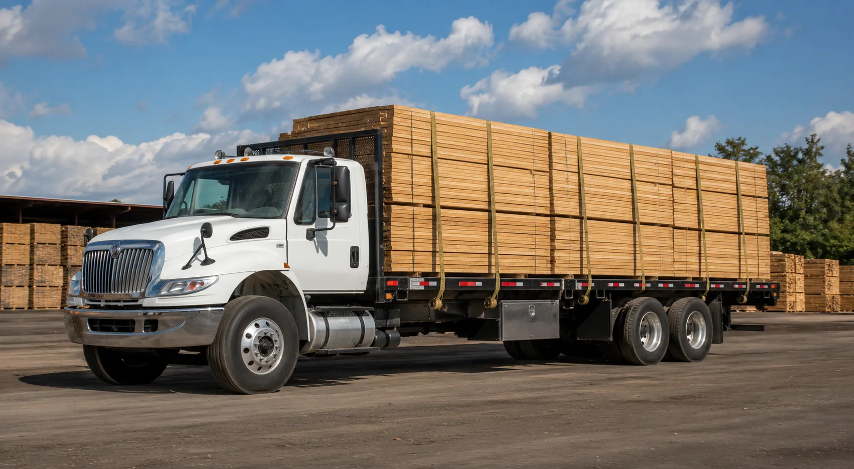 Flat deck truck loaded with strapped lumber at a yard
