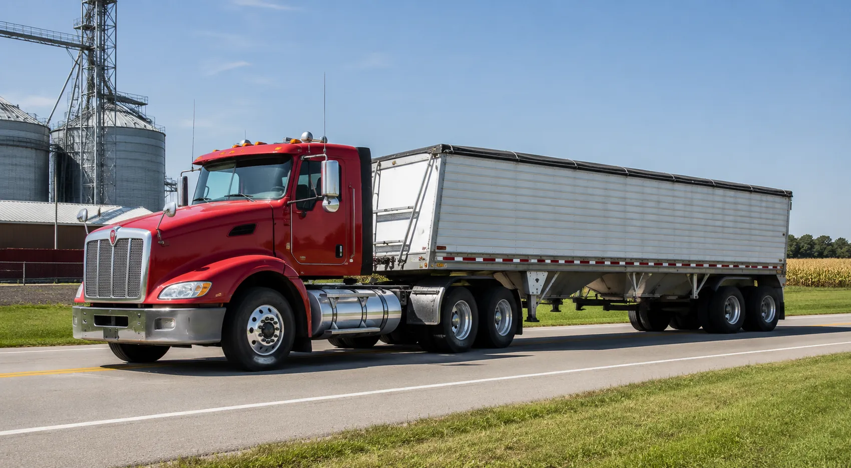 Red Kenworth pulling a grain trailer past grain bins