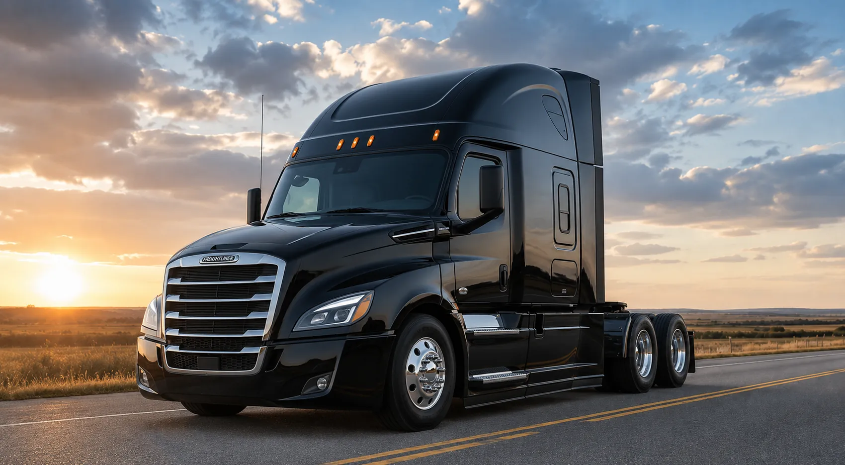 Black Freightliner highway tractor on a prairie highway at sunset