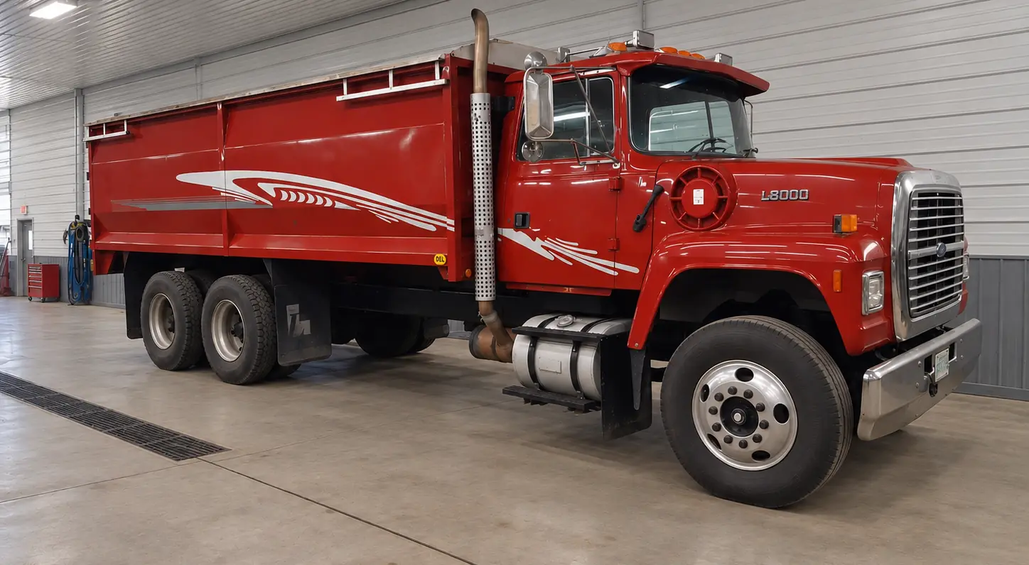 Red Ford L8000 tandem grain truck inside the shop