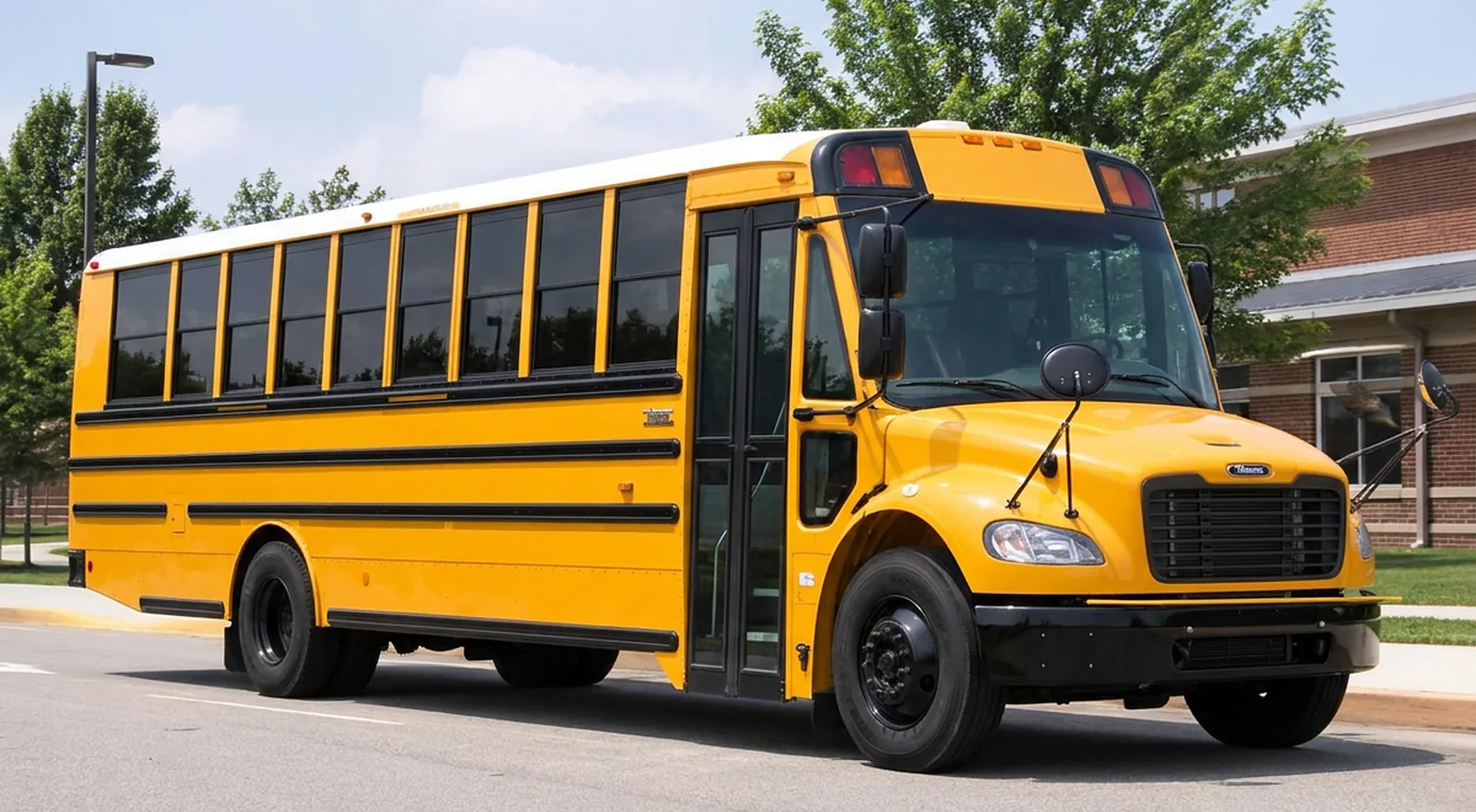 Yellow school bus parked outside a school