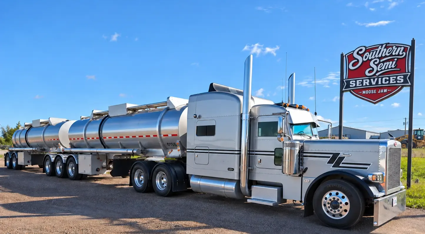 Chrome long-nose tractor pulling a stainless tanker train beside the Southern Semi Services sign in Moose Jaw