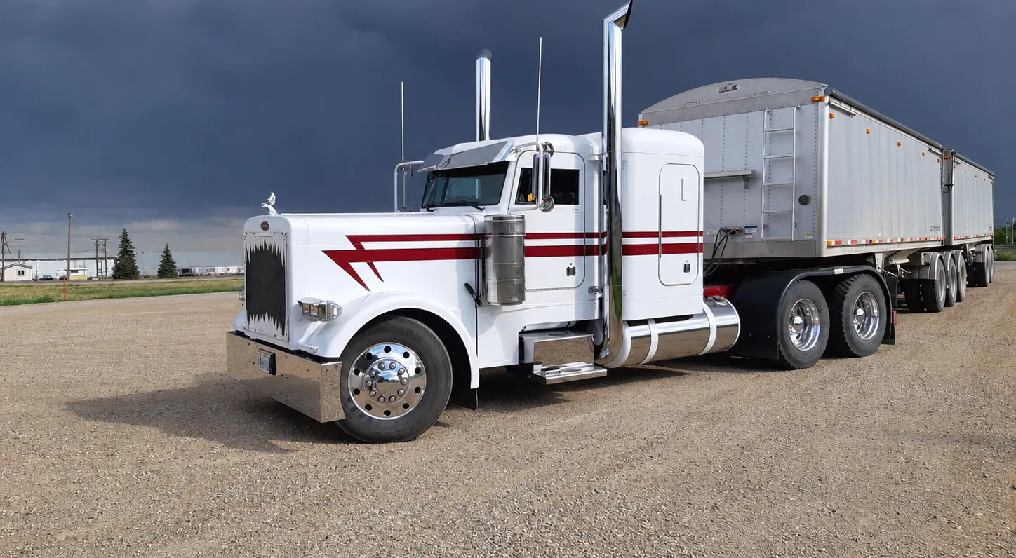 White long-nose tractor with red stripes pulling grain trailers under a stormy sky