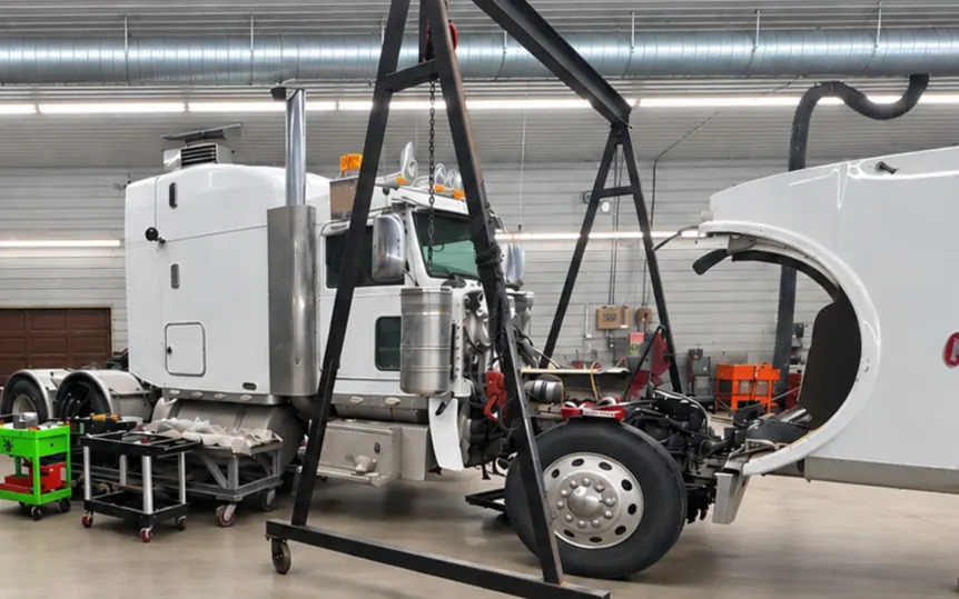 Gantry crane set up over a white semi with the hood off for an engine pull