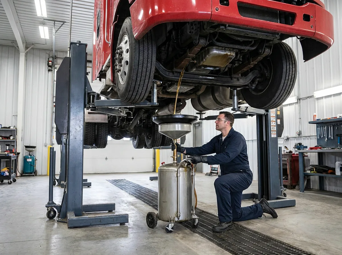 Technician draining engine oil beneath a truck on the hoist