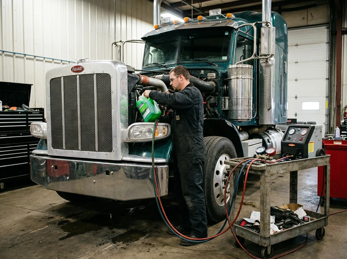 Technician filling coolant on a Peterbilt with A/C service equipment alongside