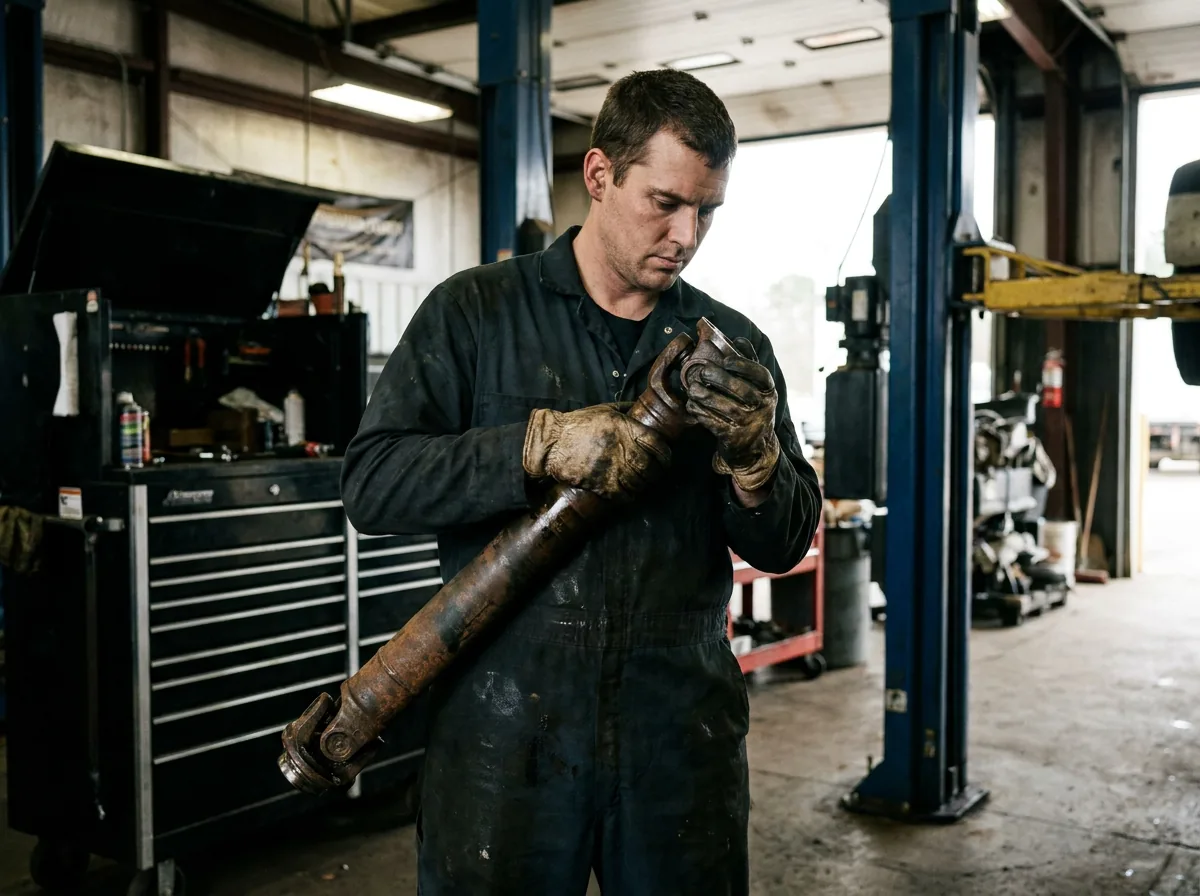Technician examining a driveshaft