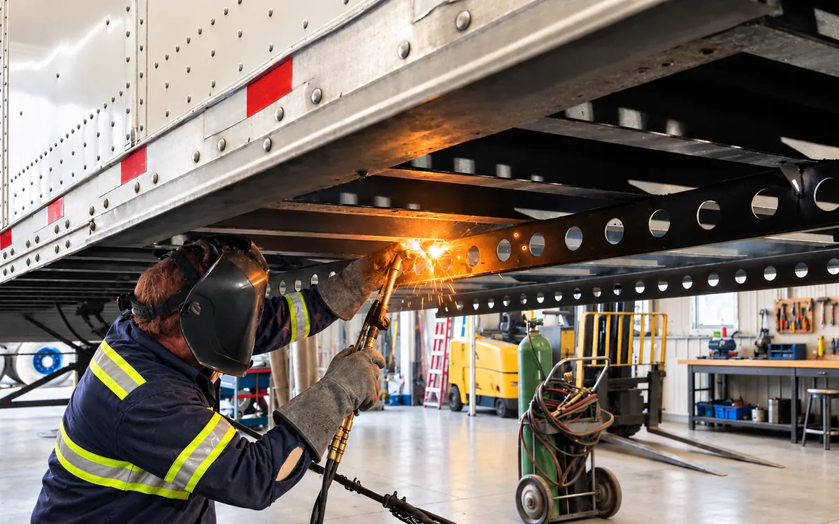 Welder repairing the frame underneath a dry van trailer