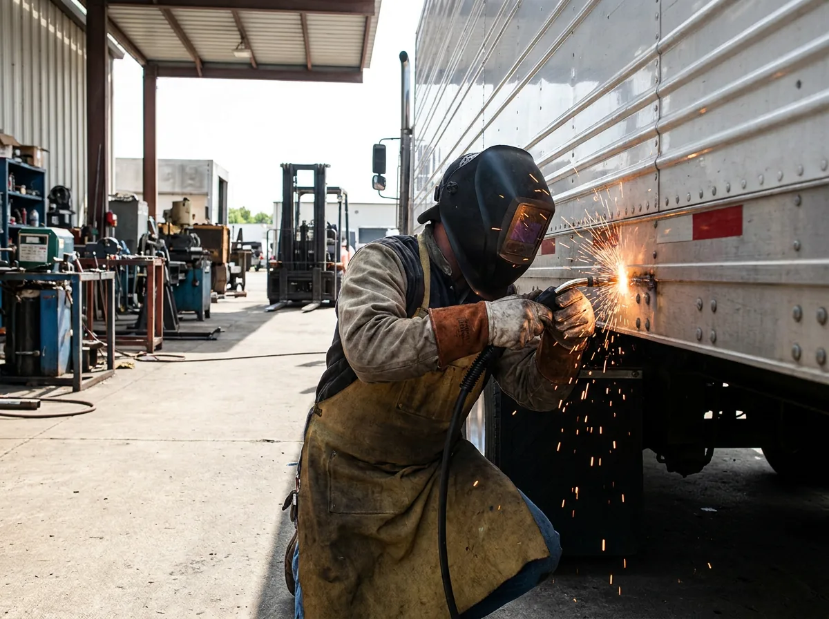 Welder repairing the side rail of a trailer