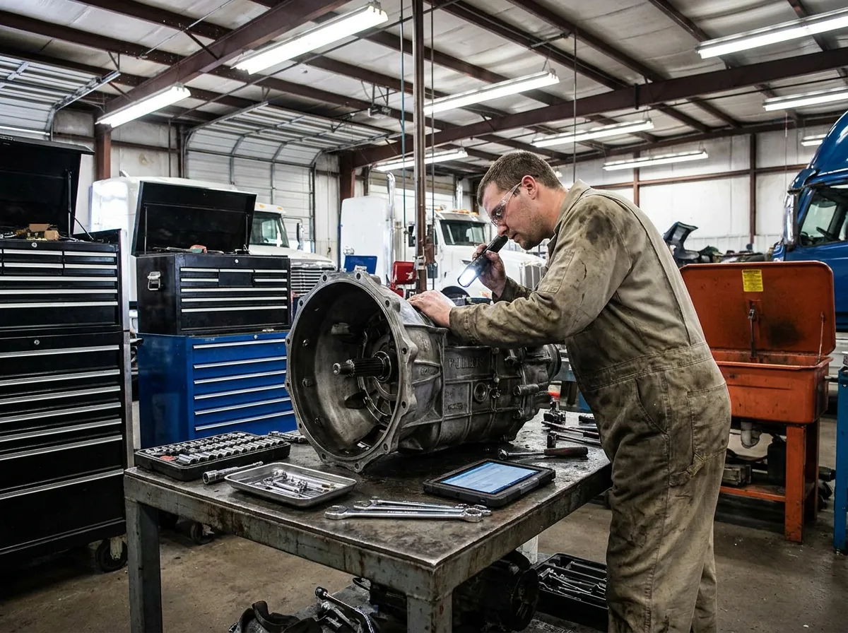 Technician inspecting a transmission removed from the truck on the workbench