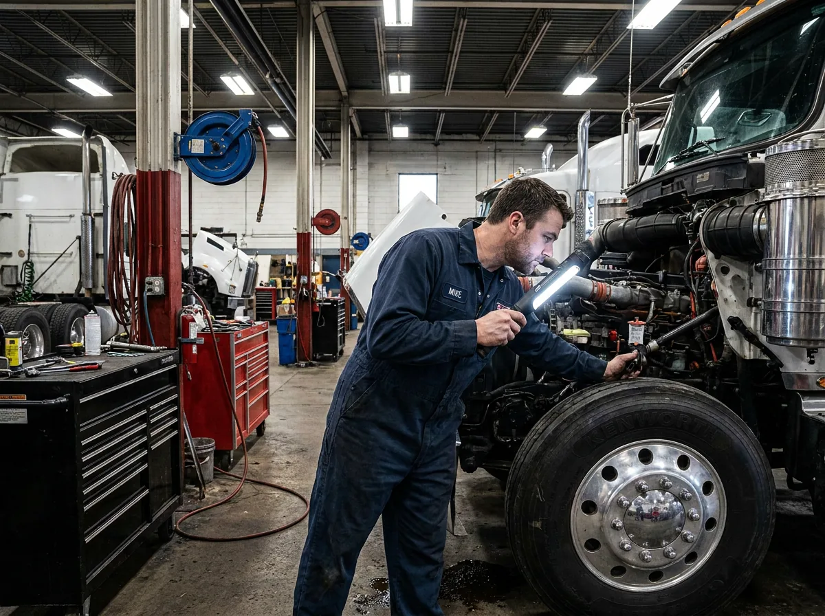Technician inspecting a truck engine compartment with a work light